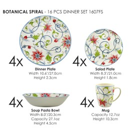 Tudor Royal Collection 16-Piece Round Dinnerware Set, Service for 4, Botanical Design, Plates Bowls Dishes, High-Gloss Premium Quality