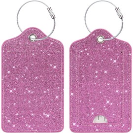 2Pcs GCACE Sparkly Purple Glitter Luggage Tags with Airplane Symbol, Stylish PU Leather Privacy Bag Tags with Steel Strap, Travel Bag Identifier for Women & Girls, Perfect for Suitcase and Backpack