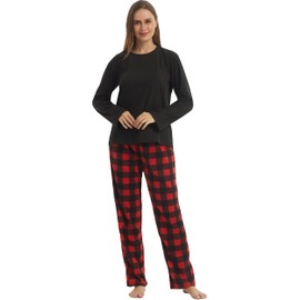 YUSHOW Winter Pyjamas Womens Pyjamas Set Ultra Soft Microfleece Long Sleeve Top & Fleece Checked PJs Bottoms Pyjamas for Women Lounge Wear Sets 2 Pieces