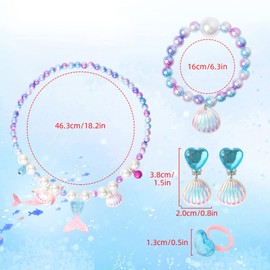 Qaziuy 5Pcs Mermaid Jewellery Kit for Girls, Kids jewellery Sets Mermaid Tail Necklace Bracelet Ring Earring, Mermaid Princess Dress Up Favors Gift for Christmas Birthday