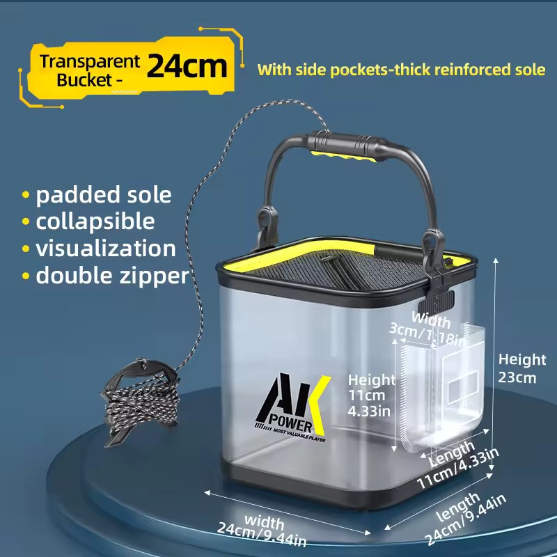 Transparent Foldable EVA Fishing Bucket, 20/22/24cm with 5m Rope Options