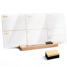 Desktop Acrylic Whiteboard with Wood Stand, Weekly Reusable Planner White Board 13.7x6.1, Double-Sided Dry Erase Calendar to Do List Board for Home Office School, Marker & Eraser Included