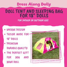 Dress Along Dolly Doll Camping Bed Tent w Sleeping Bag & Pillow - Premium Handmade Furniture Accessories for 18" Dolls - Large Sized -23"x 15"x14"