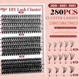 Higu clace DIY Lash Extension Kit, 280Pcs Lash Clusters Kit with Lash Bond and Seal waterproof D Curl 10-16mm Cluster Lashes with Lash Applicator Tools for Easy To Apply at Home(30D 40D 50D KIT)