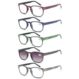 MODFANS Reading Glasses Women/Men Wood Look Round Frame Includes Sun Readers glasses for outdoors 5-Pack Comfort Flexible?Spring Hinge Lightweight with soft case 2.5