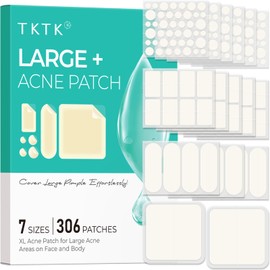 TKTK Large Pimple Patches for Face, 7 Sizes XL Acne Patches, Big Hydrocolloid Patch for Body, Chin, Forehead, Chest, Back Zit Breakouts, Hydrocolloid Bandages (Square, Strip, Dot 306 Count)