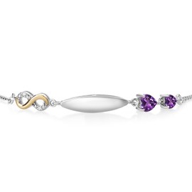 Gem Stone King 0.69 Ct Heart Shape Purple Amethyst 925 Silver and 10K Yellow Gold Lab Grown Diamond Bracelet For Women