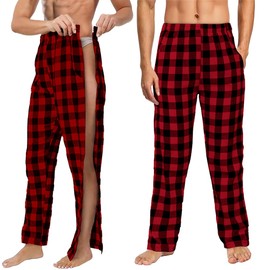 Unisex Tearaway Pajamas Post Surgery Recovery Tear Away Pants 2 Side Snap Open Bottom Loose Fit Pants with Pockets Red S