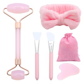VEGCOO Rose Quartz Face Roller Gua Sha Set, Pink Jade Roller for Women, Gua Sha Stone Massage Tool for Skincare, Facial, Neck and Body Muscle Relaxing