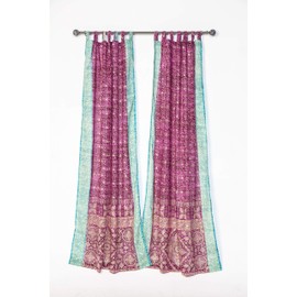 Light-Filtering Sari Colorful Curtains – Boho Curtains, Bed Canopy Panel, Wall Tapestry or Window Treatment For Bedroom or Living room + Tote bag (84"L x 42"W Set of 2, Magenta Aqua)