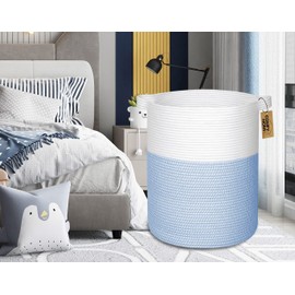 COMFY-HOMI XXL Large Laundry Basket with Handles Blanket Baskets Living Room|Woven Cotton Rope Decorative Basket Laundry Hamper Baby Basket Nursery Dog Toy Storage Organizer Bin-16”x18”-White/Blue