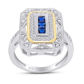 14K White Gold Over Sterling Silver Simulated Blue Sapphire & Diamond Accent Art Deco-Style Ring (1/10 cttw, I-J Color, I3 Clarity) Ring Size-7.5