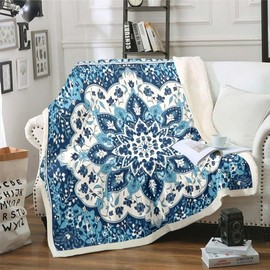Oriental Sherpa Blanket Vintage Blanket, Art Deco Floral Throw Blanket for Chair Boho Tribal Fleece Blanket Throw Size Traditional Aesthetic Plush Blanket, Hippie Paisley Mandala Decor Blue
