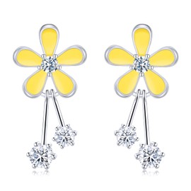 Flower Earrings For Daughter, Daisy Earrings For Women, Dangle Earrings, S925 Sterling Sterling Silver (Daisy Earrings-Yellow)