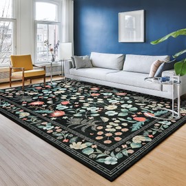 Przemy 5x7 Rugs for Living Room Bedroom, Washable Boho Area Rug Non Slip Floral Vintage Low Pile Carpet, Large Soft Indoor Floor Rug for Dining Room Office Kids Nursery Playroom Decor, Black