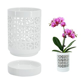 pavtner Orchid Pots with Holes 4 Inch, Ceramic Orchid Pot for Repotting with Saucers,More Ventilation hole Easy breathing, Plant Pot for Repotting Orchids and Other Flowers - Indoor/Outdoor White
