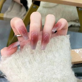 Viwind Long Coffin Press on Nails,Red Ombre Ballerina Fake Nails Kits with Glue,Natural Reusable Stick On Nails in 12 Sizes-24 Acrylic Artificial Full Cover Nails for Women-Gradient Rose Blue