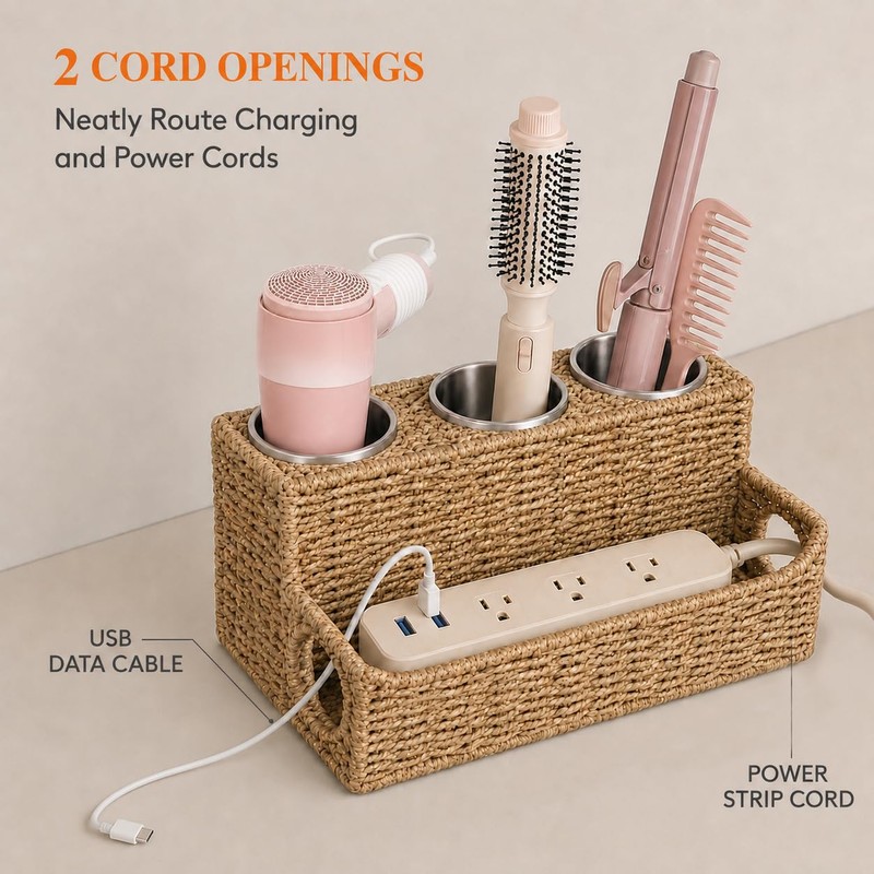 Hair Tool Organizer Countertop with 3 Stainless Steel Cups, Woven