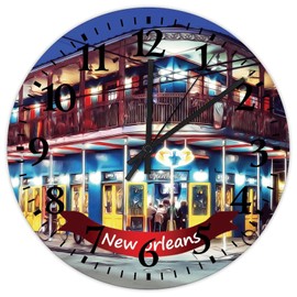 New Orleans City Landscape Wood Wall Clock 15 Inch Silent Non-Ticking Large Numbers Battery Operated Navy Veteran Military Retire Wall Clock Frameless Home Decoration for Church School Nursery