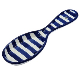 Cleminson Spanish Ceramic Kitchen Spoon Rest – Hand-Painted Striped Utensil Holder | 27cm, Dishwasher Safe, for Tongs, Wooden Spoons, Spatulas | Tea Bag Holder (Blue Stripes)