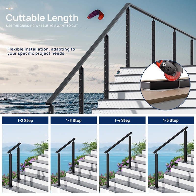 1 Pack 7FTx 2-3/8"x1-3/16 Aluminum Black Handrail with Nylon End