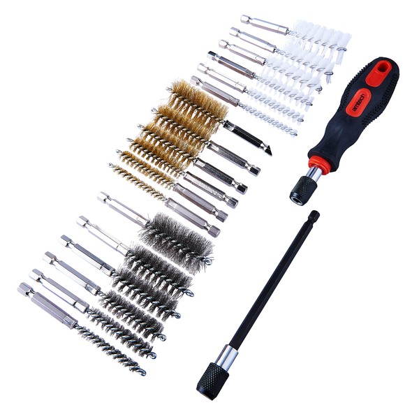 Amtech F3525 Wire Brushes for Cleaning, 20 Piece Wire Brush Kit includes Steel Brush, Brass Brush and Nylon Brush