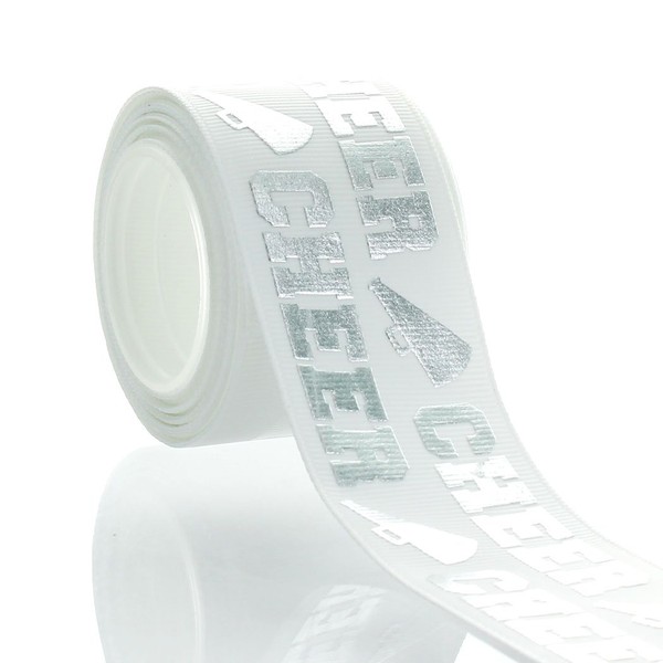1.5" Silver Cheer Text Grosgrain Ribbon 5yd