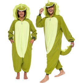 FUNZIEZ! Adult Triceratops Costume - Plush One Piece Dinosaur Costume - One Piece Pajama (Green, X-Large)