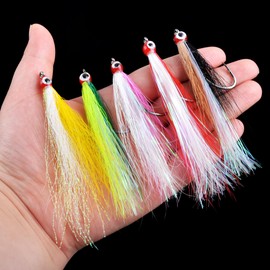 10 Pieces Bucktail Teaser with Fishing Hooks,5 Colors Fishing Teaser Lures Bucktail Crastal Mylar Flash Skirts for Salmom Trout