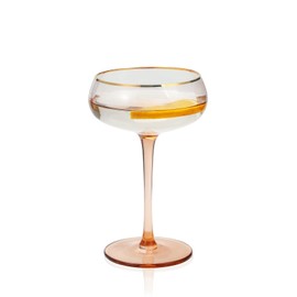 G 4 Piece Set Crystal Coupe Champagne Glass with Gold Rim, Pink Base, Clear Stemware, Elegant Cocktail Glassware