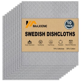 MoLKENE MoLKENE Swedish Dishcloths for Kitchen | 10 Pack Absorbent Cellulose Sponge Cloths Washable | Non-Scratch Reusable Paper Towels Quick Drying Cleaning Rag - Grey