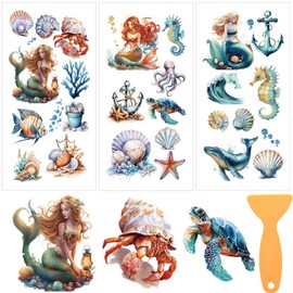 beinkmake 3 Sheets Mermaids Rub on Transfers for Crafts and Furniture 12×6inch Whales Conches Shells Seahorses Waves Furniture Transfer Stickers for Wood Cabinet Dressers Home Decor