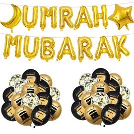 Umrah Mubarak Ramadan Decoration Set - 44 Pieces Black Gold Ramadan Decorative Balloons Umrah Gift for Muslim Party Islamic Festival Topper Umrah Mubarak Decorations