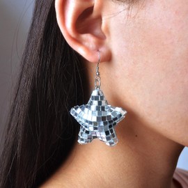 ALRNBY Disco Ball Earrings for Women Silver Dangle Earrings Double Disco Ball Drop Earrings Party Jewelry 70S 80S Cute Earrings (Silver-3-Star)