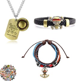 Zaky 13 Pieces One P. Braided Leather Bracelet Trafalgar Law Bracelet Luffy Skeleton Pendant Necklace Straw Hat Anime Men Sticker Set