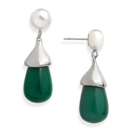 Frigotine Chunky Silver Emerald Waterdrop Natural Gemstone Drop Earrings for Women, Vintage Statement Teardrop Stone Pearl Earing Prom Jewelry Gifts