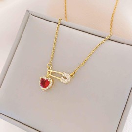 Safety Pin Necklace With Dainty Colorful Heart pendantor Paperclip Cubic Zirconia Heart Necklace with Adjustbale Chain Fashion Paper Clip Necklaces for Women Wife Lover Birthday Valentine's Day Gift (Red)