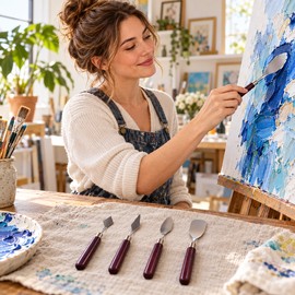 5pcs Art Oil Painting Scraper Paint Scraper Wooden Handle Palette Knife Set for Gouache Oil Painting Learners