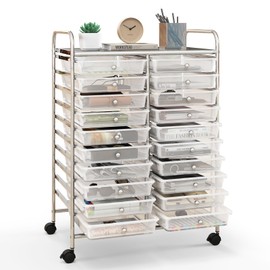 HOMGX Rolling Cart with 20 Drawers, 20 Tiers Multicolor Trolley, Drawer Bin Carts with 2 Lockable Wheels, Adjustable File & Debris Organizer Cart, Rolling Storage Cart for Office, School, Home