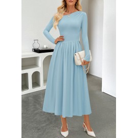 MEROKEETY Women's Fall Long Sleeve Midi Maxi Dresses 2025 One Shoulder Elegant Formal Pleated Cocktail A Line Dress, Blue, Small