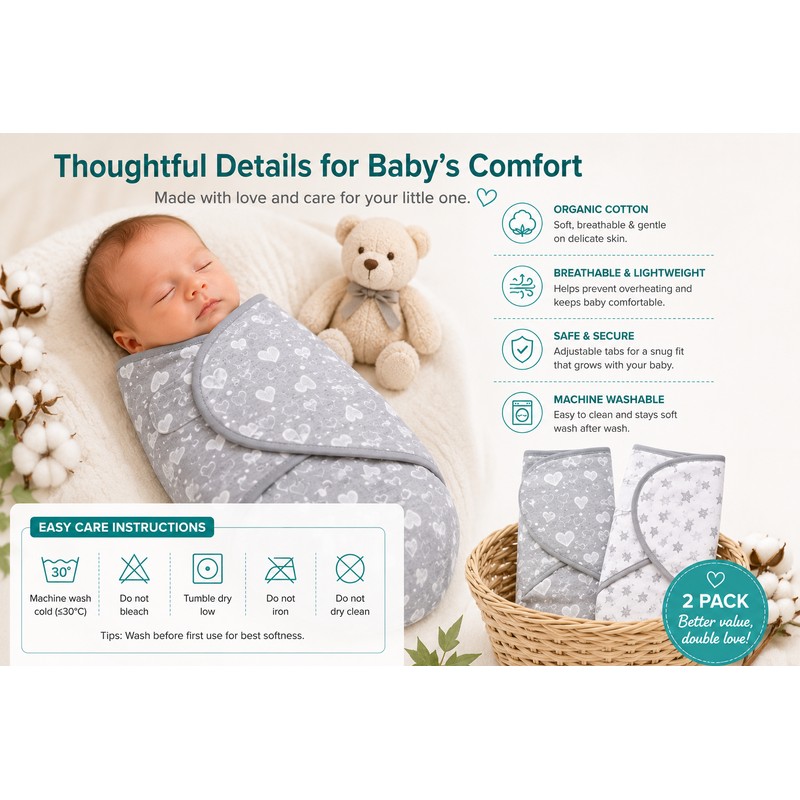 Soft Cotton Baby Swaddles for Newborns 0-3 Months, Adjustable Grey