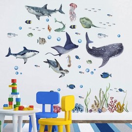 Large Watercolor Sharks Wall Decals Ocean Animal Peel and Stick Wall Sticker Under The Sea Marine Life Theme Decals Room Home Decor Party Supply (30 * 90cm, 4pcs)