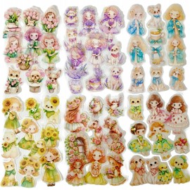 60Pcs Cute Stories Series PET Scrapbook Stickers, Daisy Rose Flower Hairy Girl Stickers Kit for Scrapbooking, Junk Journal Ephemera, DIY Crafts Waterproof Journaling Supplies