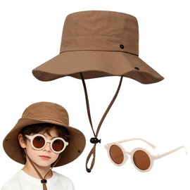 JynxtoyZeal Cappello Estivo Bambini Cappelli da Sole a Tesa Larga Occhiali da Sole Berretto da Pesca Bucket Hat per Esterni Pieghevole Cappello Safari Protezione UV Regolabile Cappelli da Sole Khaki