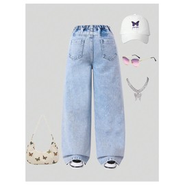 Floerns Girl's Butterfly Print Asymmetric Waist Ripped Jeans Wide Leg Y2k Denim Pants Light Wash 10Y