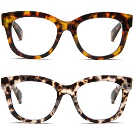 REAVEE 2 Pack Stylish Oversized Blue Light Blocking Computer Glasses for Women, Ladies Non-Prescription Fake Eyeglasses Frames Spring hinge(Brown Leopard/Grey Leopard 0.0x)