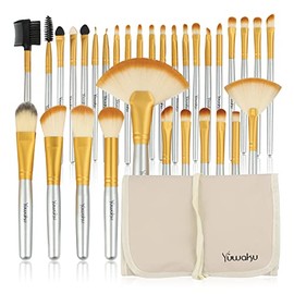 Yuwaku - Juego de brochas de maquillaje para base de maquillaje en polvo, colorete, sombra de ojos, 32 piezas, sin derrames, cerdas de fibra...       