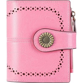 Small Womens Wallet Leather Bifold Card Holder RFID Blocking with Zipper Coin Pocket - Color: 1-Wax-Pink-1