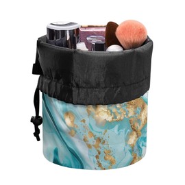 Poceacles Blue Gold Marble Drawstring Makeup Bags for Women, Foldable Travel Cosmetics Bag Pouch Brush Organizer Toiletry Kit Storage Pouch