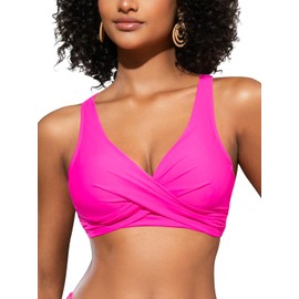 SHEKINI Women's Bikini Top Crossover Pleated Backless Push Up Adjustable V-Neck Beach Wear, pink, S